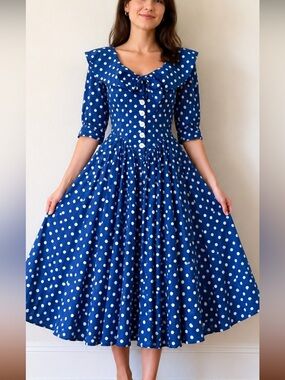 Vintage Karen Alexander 80s Blue Polka Dot Cotton Full Sweep Dress Size 8
